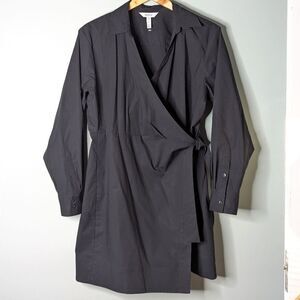 SPANX Black Stretch Cotton V Neck Collared Long Sleeve Wrap Dress Size L